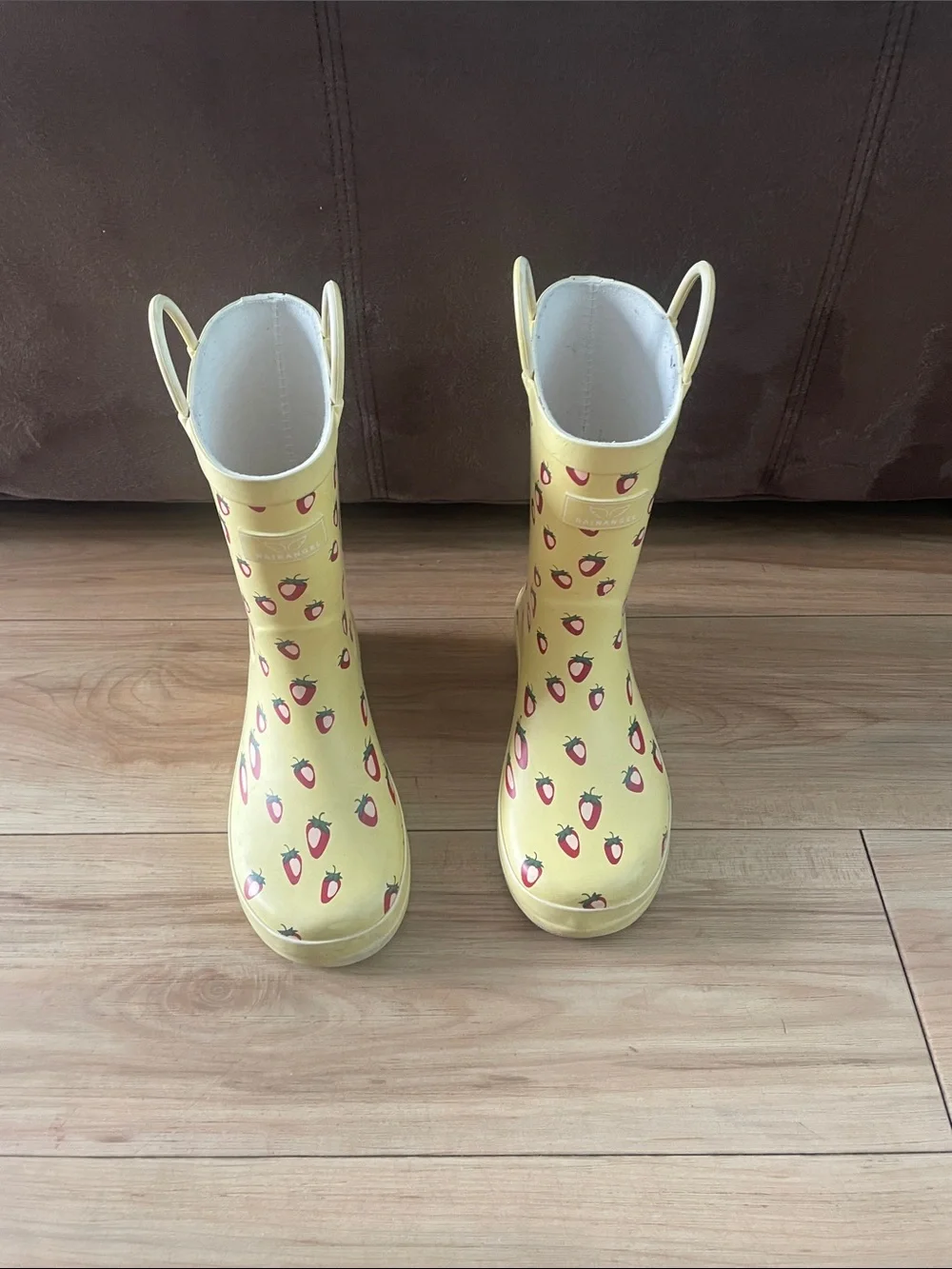 Kids Yellow Rain Boots with Pink Strawberry Pattern